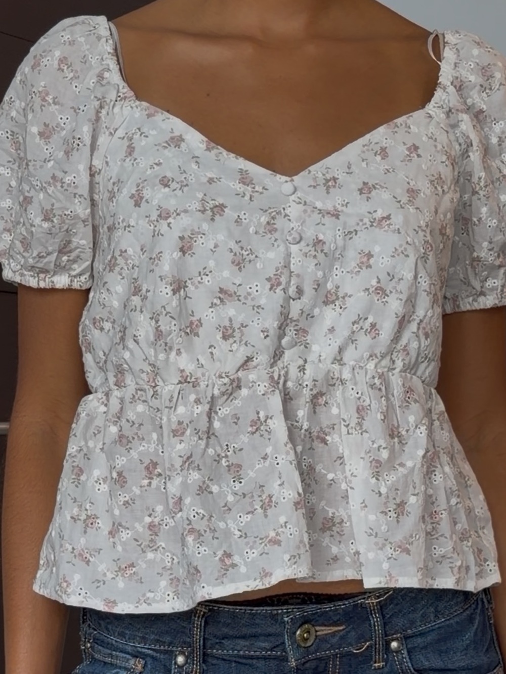 Women’s Floral Eyelet Peplum Top - White with Pink Floral